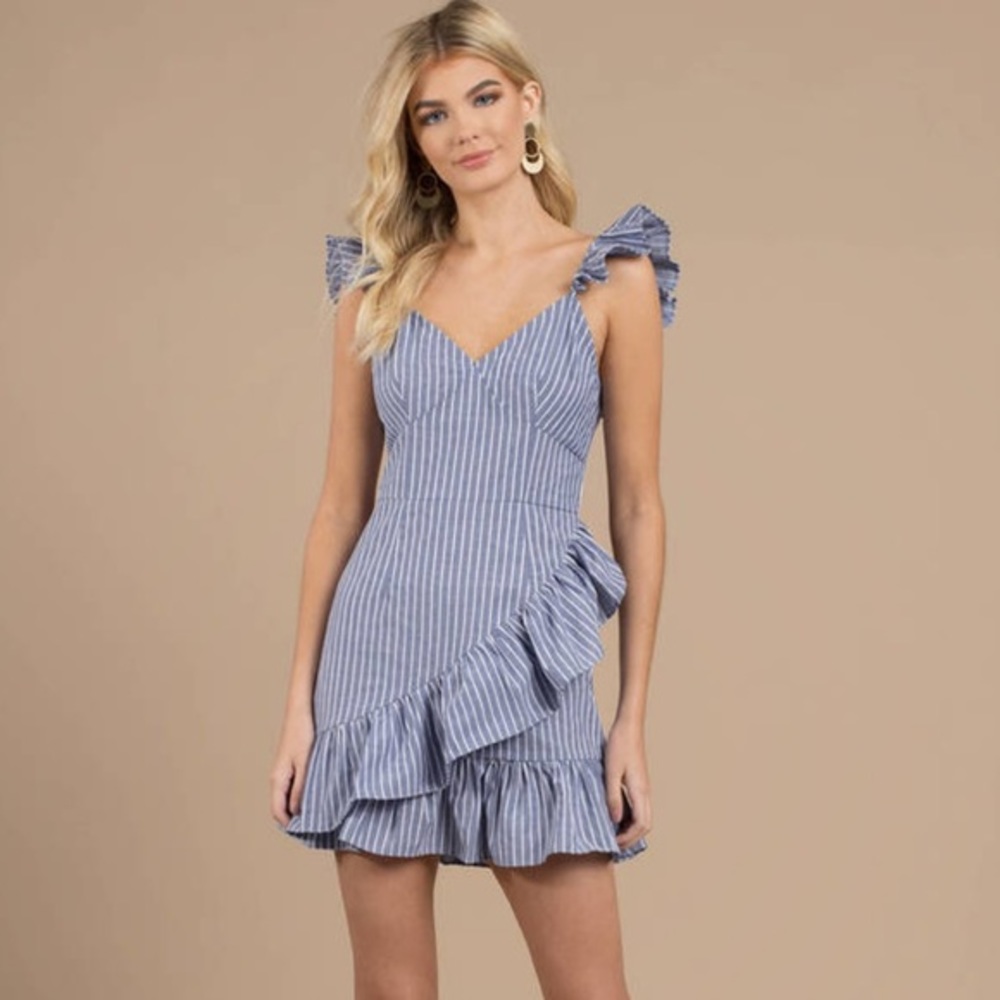 Fifth Label’s parcel blue strip ruffled trim dress